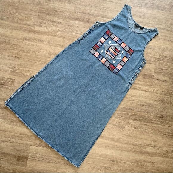 Agapo Vintage 90s American Flag Patchwork Cotton Denim Midi Dress - Picture 1 of 7